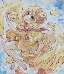  1girl :d absurdres animal_on_head baby_animal barefoot bird bird_on_head bird_tail bird_wings blonde_hair blue_background blush breasts chick commentary_request dress feathered_wings full_body highres iori_(akaringo) medium_breasts multicolored_hair neckerchief niwatari_kutaka on_head open_mouth orange_dress photo_(medium) red_eyes red_hair red_neckerchief short_hair short_sleeves smile solo split_mouth tail teeth touhou traditional_media two-tone_hair upper_teeth_only wings yellow_wings 