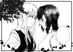  2girls asahina_yuni blush chinese_commentary closed_mouth collared_shirt commentary_request falling_petals greyscale haoxiangkan_nutong highres kyou_wa_kanojo_ga_inai_kara long_hair looking_at_another medium_hair monochrome multiple_girls necktie open_mouth petals school_uniform shirt sidelocks taki_fuuko upper_body vest 