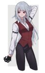  absurdres black_gloves black_pants gloves grey_hair highres itou_(very_ito) pants red_eyes red_vest shirt vest white_background white_shirt 