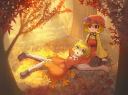  2girls absurdres aki_minoriko aki_shizuha apron autumn_leaves barefoot black_ribbon black_skirt blonde_hair brown_shoes chinese_commentary closed_mouth commentary_request day forest fruit_hat_ornament grape_hat_ornament hair_between_eyes hair_ornament hat headpat highres lap_pillow leaf leaf_hair_ornament loafers long_sleeves maple_leaf mob_cap multiple_girls nature neck_ribbon orange_apron orange_hat orange_shirt orange_skirt outdoors red_eyes ribbon shirt shoes siblings sisters skirt smile socks toes toorooo touhou white_socks wide_sleeves yellow_eyes yellow_shirt 