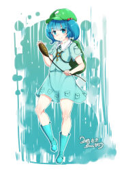 1girl 2018 aqua_background aqua_boots blue_eyes blush boots closed_mouth dated furim green_hat hat highres kawashiro_nitori key looking_at_viewer medium_hair solo touhou two-tone_background white_background 