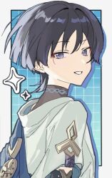  1boy black_bodysuit black_hair blue_background blue_cape blue_sleeves blunt_ends bodysuit border cape checkered_background commentary_request drop_shadow eyeliner from_side genshin_impact hair_intakes layered_sleeves looking_at_viewer makeup male_focus open_mouth purple_pupils purple_rope red_eyeliner rope scaramouche_(genshin_impact) short_sleeves shoulder_peek side_cape solo tsurime turtleneck turtleneck_bodysuit violet_eyes wamin wanderer_(genshin_impact) white_border white_mouth white_sleeves wispy_bangs 