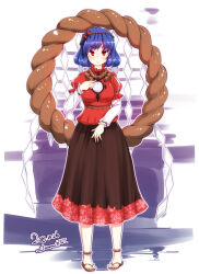  1girl 2018 barefoot bow breasts brown_skirt closed_mouth commentary_request dated furim highres large_breasts looking_at_viewer medium_hair red_bow red_eyes red_shirt rope sandals shimenawa shirt skirt solo standing toes touhou violet_eyes yasaka_kanako 