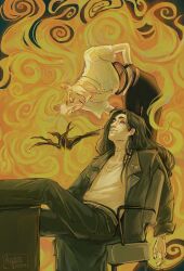  2boys absurdly_long_hair big_hair black_hair blonde_hair curly_hair design_speculation distortion_(tma) eye_tattoo full_body gerard_keay highres lips long_hair male_focus mangozic michael_shelley monster_boy multiple_boys neck_tattoo sitting standing tattoo the_magnus_archives very_long_hair 