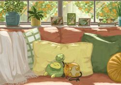  buck_teeth bud budew closed_eyes couch dedenne highres lying no_humans omochi_(aoi_guruguru) on_side picture_frame pillow plant pokemon pokemon_(creature) pokemon_focus potted_plant sleeping teeth whiskers 
