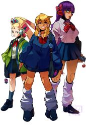  3girls absurdres alia_(mega_man) android axl_(mega_man) bag blonde_hair blue_eyes bow bowtie cellphone_charm character_charm charm_(object) contemporary danyhu16 green_eyes gyaru hair_bow highres joints layer_(mega_man) leg_warmers mega_man_(series) mega_man_x_(series) multiple_girls pallette_(mega_man) purple_hair red_bow red_bowtie revision robot_ears robot_girl robot_joints school_bag school_uniform simple_background skirt smile spanish_commentary thighs uneven_eyes x_(mega_man) zero_(mega_man) 