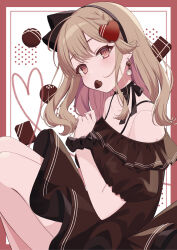  1girl bare_shoulders black_bow black_choker black_dress black_hairband black_scrunchie blush border bow bow_choker braid brown_hair candy chocolate choker collarbone commentary dress earrings food food_in_mouth frilled_dress frills from_side hair_between_eyes hair_bow hair_ornament hairband hand_up heart heart-shaped_chocolate heart-shaped_food heart_hair_ornament heart_of_string highres jewelry kamachi_(kamati0maru) knees_up long_hair looking_at_viewer off-shoulder_dress off_shoulder original outside_border pleated_dress red_border red_eyes scrunchie short_dress side_braid sidelocks simple_background sitting solo valentine white_background wrist_scrunchie 