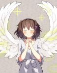  1girl angel_wings brown_hair closed_eyes dress furutaka_(kancolle) grey_background highres kantai_collection official_alternate_costume own_hands_clasped own_hands_together short_hair smile solo sparkle standing white_dress white_wings wings y_ko-nu_t 
