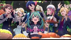  2boys 2girls 4boys 4girls :d apron aqua_eyes aqua_hair argyle_background banquet bartender black_nails blood blood_on_face blue_capelet blue_eyes blue_gloves blue_hair blue_jacket blue_pants blue_ribbon blue_skirt blue_vest blurry blurry_background blush bottle bow bowtie brooch brown_eyes brown_hair butler buttons capelet chair chef chef_hat cleaver closed_eyes coat collared_shirt double-breasted drooling expressionless eyewear_strap fish_(food) flower food fork glasses gloves green_ribbon hair_bun hair_ribbon hat hatsune_miku heart heart_hands heart_hands_over_eye highres holding holding_bottle holding_fork holding_knife holding_money holding_tray imminent_eating jacket jewelry kagamine_len kagamine_rin kaito_(vocaloid) knife large_bow letterboxed mad_diner_(vocaloid) maid maid_apron medium_hair megurine_luka meiko_(vocaloid) money multicolored_hair multiple_boys multiple_girls napio neckerchief necktie noodles on_chair open_mouth pants pink_hair pinstripe_jacket pinstripe_pants pinstripe_pattern pinstripe_suit ponytail purple_vest red_bow red_bowtie red_streaks ribbon roast_turkey salad semi-rimless_eyewear shirt short_hair sitting skirt smile song_name sparkle stole streaked_hair suit sweat teeth toque_blanche tray twintails under-rim_eyewear upper_teeth_only vest vocaloid waist_apron waist_ribbon waistcoat waiter white_apron white_bow white_bowtie white_coat white_neckerchief white_shirt yellow_necktie 