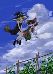  2girls absurdres black_hat black_skirt black_vest blonde_hair blue_necktie blue_sky bow braid broom broom_riding brown_eyes brown_hair clouds commentary_request day detached_sleeves floating flower food frilled_bow frills fruit grin hair_bow hair_tubes hakurei_reimu hat hat_bow highres kirisame_marisa long_hair multiple_girls necktie open_mouth outdoors plant purple_flower red_bow red_skirt side_braid single_braid skirt skirt_set sky smile touhou vest vines watermelon white_bow witch_hat yellow_eyes yuke_yukima 