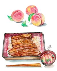  bowl chopsticks commentary_request eel food food_focus food_request fruit highres kk2180 leaf no_humans original painting_(medium) peach rice seafood simple_background still_life textless_version traditional_media variant_set watercolor_(medium) white_background 