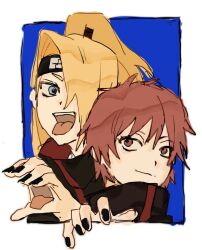  2boys akatsuki_uniform asymmetrical_bangs black_nails blonde_hair blue_background blue_eyes border closed_mouth deidara_(naruto) forehead_protector hair_over_one_eye high_ponytail highres long_hair looking_at_another looking_at_viewer male_focus multiple_boys naruto_(series) naruto_shippuuden open_mouth ponytail red_eyes red_hair sasori_(naruto) short_hair simple_background sketch white_border 
