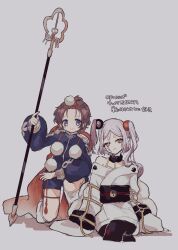  2girls amy_(mahoiku) black_pantyhose blue_eyes brown_hair butter_run closed_mouth commentary_request highres holding holding_staff japanese_clothes kneeling long_hair magical_girl mahou_shoujo_ikusei_keikaku mahou_shoujo_ikusei_keikaku_f2p monako_(mahoiku) multiple_girls obi orange_eyes pantyhose sash shakujou short_hair sitting smile staff translation_request white_hair wide_sleeves 