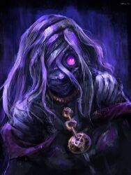  1girl absurdres bandage_on_face bandage_over_one_eye bandaged_arm bandages chain chain_around_neck evil_smile grafelemart highres long_hair re:zero_kara_hajimeru_isekai_seikatsu sirius_(re:zero) smile solo upper_body violet_eyes white_hair 