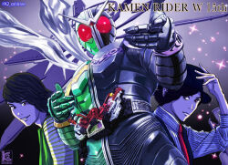  3boys animification arm_up closed_mouth commentary_request compound_eyes copyright_name doubledriver fingernails gaia_memory grin hat hidari_shoutarou k2_shokai kamen_rider kamen_rider_double kamen_rider_double_(cyclonejoker) kamen_rider_w looking_at_viewer male_focus multiple_boys necktie philip_(kamen_rider) red_necktie rider_belt short_hair smile three-quarter_sleeves tokusatsu twitter_username 