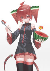  1girl :p absurdres ahoge bare_shoulders belt_tail black_shirt black_skirt black_sleeves black_thighhighs blush breast_pocket collared_shirt commentary cowboy_shot crossed_bangs detached_sleeves dotted_background drill_hair fingernails food food-themed_hair fruit h_haibu hair_between_eyes headphones highres holding holding_food holding_fruit holding_spoon kasane_teto kasane_teto_(utau) long_sleeves looking_at_viewer miniskirt number_tattoo pleated_skirt pocket red_eyes red_hair red_trim shirt shoulder_tattoo simple_background skirt skirt_set sleeveless sleeveless_shirt solo spoon standing tail tattoo thigh-highs tongue tongue_out twin_drills utau watermelon watermelon_slice white_background wide_sleeves zettai_ryouiki 