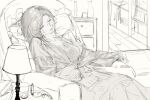  1girl closed_eyes couch dress dreya_(path_to_nowhere) glasses greyscale highres lamp medium_hair moaomao_mo monochrome on_couch parted_lips path_to_nowhere pillow round_eyewear sketch sleeping solo table unfinished wooden_floor 