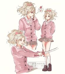  1girl :o arms_behind_back blonde_hair bow bowtie brown_shoes cardigan cellphone closed_mouth commentary_request dissidia_duellum_final_fantasy dissidia_final_fantasy ff14hioo_oo7 final_fantasy final_fantasy_vi hair_bow holding holding_phone holding_sword holding_weapon korean_commentary long_hair long_sleeves looking_at_viewer mog_(ff6) moogle multiple_views official_alternate_costume open_mouth phone pink_bow pink_cardigan plaid_clothes plaid_skirt ponytail school_uniform shirt shoes skirt smartphone smile socks sweatdrop sword terra_branford terra_branford_(school_cardigan) violet_eyes watermark weapon white_background white_shirt white_socks 