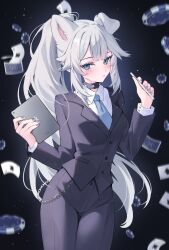 1girl animal_ears beyumi black_suit blue_eyes blue_necktie blush card choker dog_ears dog_girl grey_hair highres indie_virtual_youtuber long_hair necktie playing_card poker_chip ponytail shirt solo spiked_choker spikes stylus suit tablet_pc vei_(dog_girl)_(vtuber) vei_(vtuber) virtual_youtuber white_shirt 
