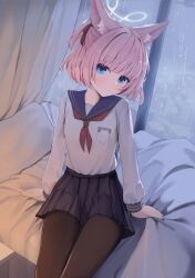  1girl absurdres animal_ear_fluff animal_ears armband black_pantyhose blue_archive blue_eyes blue_halo blue_sailor_collar blue_skirt commentary curtains fox_ears fox_girl half_updo halo hands_on_bed head_tilt highres light_blush long_sleeves looking_at_viewer neckerchief niko_(blue_archive) nomi_(gpjg7877) pantyhose pink_hair pleated_skirt rain red_armband red_neckerchief sailor_collar school_uniform short_hair sitting skirt smile solo tactical_school_uniform throat_microphone window 