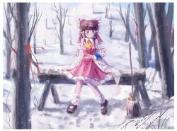  1girl absurdres animal_on_arm ascot bare_tree bird bird_on_arm blue_bird bow broom brown_eyes brown_hair brown_shoes chinese_commentary commentary_request dated detached_sleeves footprints frilled_bow frilled_hair_tubes frills hair_bow hair_tubes hakurei_reimu highres long_hair mary_janes outdoors red_bow red_skirt ribbon-trimmed_sleeves ribbon_trim shoes signature sitting skirt skirt_set snow socks solo touhou tree white_socks winter xue_huo_lin_xi yellow_ascot 