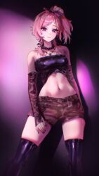  1girl black_thighhighs black_tube_top breasts earrings highres jewelry mn374390 navel navel_piercing phase_connect piercing pink_hair ponytail runie_ruse shorts smile snake_earrings solo strapless thigh-highs thighs tube_top violet_eyes virtual_youtuber 