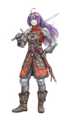  1girl ahoge alternate_costume armor belt belt_boots belt_buckle black_gloves boots breasts brown_belt brown_boots buckle chainmail colored_pencil_(medium) commentary english_commentary fire_emblem fire_emblem:_radiant_dawn full_body gambeson gloves green_eyes grin hair_intakes hairband hand_on_own_hip highres kazuko_(towa) knee_armor leather_armor long_hair medium_breasts mia_(fire_emblem) over_shoulder pauldrons purple_hair scabbard sheath shoulder_armor simple_background smile solo sword sword_over_shoulder traditional_media weapon weapon_over_shoulder white_background 