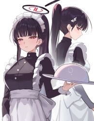  1girl absurdres alternate_costume apron black_hair black_halo blue_archive breasts bright_pupils commentary_request grunel_(grunel_7979) hair_ornament hairclip halo high_ponytail highres holding large_breasts long_hair long_sleeves looking_at_viewer maid maid_apron maid_headdress millennium_science_school_logo multicolored_halo multiple_views ponytail red_eyes ringed_eyes rio_(blue_archive) simple_background two-tone_halo white_apron white_background white_pupils 