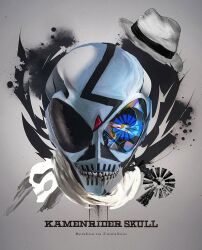  1boy black_eyes blue_eyes commentary_request fedora grey_background grey_hat hat helmet highres kamen_rider kamen_rider_skull kamen_rider_w looking_at_viewer obakelope0530 skull solo 