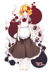  1girl 2018 alternate_costume apron barefoot blonde_hair blush bow commentary_request dated feet furim hair_bow highres maid_apron medium_hair open_mouth red_bow red_eyes rumia solo toes touhou white_background 