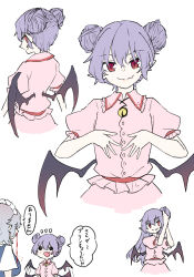 2girls alternate_hairstyle arms_at_sides bat_wings black_wings blue_vest blush breasts brooch buttons collared_shirt commentary commentary_request cropped_arms cropped_legs deetamu dot_nose double_bun fang frilled_hairband frilled_shirt frilled_shirt_collar frilled_sleeves frills from_behind grey_hair hair_between_eyes hair_bun hairband hand_on_own_chest head_tilt highres izayoi_sakuya lips looking_at_viewer looking_back maid maid_headdress motion_lines multiple_views notice_lines open_mouth orange_eyes pale_skin pink_shirt pink_skirt pointy_ears profile puffy_short_sleeves puffy_sleeves purple_hair red_eyes red_ribbon red_shirt remilia_scarlet ribbon sidelocks simple_background skin_fang skirt smile solid_circle_eyes speech_bubble thought_bubble touhou translation_request tying_hair v-shaped_eyebrows vest white_background white_hairband wings