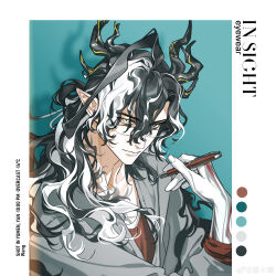  1boy absurdres alternate_costume arknights black_hair blue_background brown_shirt cardigan chest_tattoo collarbone commentary dragon_boy dragon_horns eastern_dragon_horns english_text fan_mu_zhang from_above grey_cardigan hair_between_eyes half_updo heterochromia highres holding holding_pen horns long_hair looking_at_viewer male_focus multicolored_hair over-rim_eyewear pen pointy_ears semi-rimless_eyewear shirt solo tattoo two-tone_hair untranslatable_commentary upper_body wang_(arknights) watermark weibo_username weibo_watermark white_hair white_hands 
