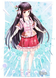  1girl 2018 black_hair bow brown_eyes closed_mouth collarbone commentary_request dated furim hair_ornament highres houraisan_kaguya long_hair looking_at_viewer red_skirt skirt socks touhou very_long_hair white_background white_bow white_socks 