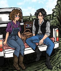  1boy 1girl boots brown_hair commentary couple curvy english_commentary grass motor_vehicle original overalls picnic picnic_basket picnic_blanket radio rural seekingsolar shirt truck 