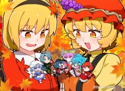  6+girls aki_minoriko aki_sandwich_(meme) aki_shizuha apron autumn_leaves belt black_hairband black_ribbon black_shirt black_skirt blonde_hair blue_eyes blue_hair blue_skirt blue_vest bow bowtie capelet commentary_request cuffs dress frilled_skirt frills ghost_tail grape_hat_ornament hair_ornament hair_tubes hairband handcuffs hat highres himemushi_momoyo holding holding_sword holding_weapon jiangshi leaf leaf_hair_ornament letty_whiterock long_hair long_sleeves maple_leaf medium_hair meme mini_person minigirl miyadeguchi_mizuchi miyako_yoshika miyo_(user_xstn5827) mob_cap multiple_girls neck_ribbon ofuda okazaki_yumemi open_mouth orange_apron orange_eyes outstretched_arms pink_belt pink_eyes pink_hair ponytail prison_clothes red_bow red_bowtie red_capelet red_dress red_eyes red_hair red_hat red_shirt red_skirt red_vest ribbon scarf shirt short_hair short_sleeves siblings single_strap sisters skirt smile striped_clothes striped_shirt striped_skirt sword touhou touhou_(pc-98) touhou_22nd_popularity_poll upper_body vest waist_apron watatsuki_no_yorihime watermark weapon white_apron white_hat white_scarf white_shirt yellow_shirt zombie_pose 