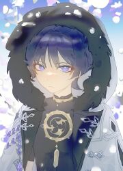  1boy black_hair black_shirt black_sleeves blue_sky blunt_ends blurry blurry_background bright_pupils choppy_bangs closed_mouth coat expressionless eyelashes eyeliner falling_petals fatui_coat fur-trimmed_coat fur_trim gem genshin_impact gold highres hood hood_up hooded_coat jewelry lapels looking_at_viewer makeup male_focus mandarin_collar mitsudomoe_(shape) neck_ring open_clothes open_coat outdoors petals portrait purple_gem purple_rope red_eyeliner rope scaramouche_(genshin_impact) scaramouche_(harbinger)_(genshin_impact) shimenawa shirt short_sleeves sky solo tomoe_(symbol) tsurime violet_eyes white_coat white_hood white_petals white_pupils white_rope wolf_cut yaginori 