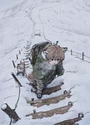  1girl absurdres animal_ears black_gloves blush boots brown_eyes brown_hair camouflage camouflage_jacket camouflage_pants double-parted_bangs fox fox_ears fox_girl fox_girl_(yihan_world) fox_tail from_above gasoline gloves green_jacket hair_between_eyes heavy_breathing highres holding holding_strap hood hood_down jacket looking_ahead military_uniform o_o open_mouth original outdoors pants ponytail sidelocks snow stairs steam_from_mouth tail walking yihan_world 