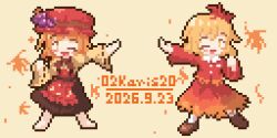  02charaice20 2girls :d ;d aki_minoriko aki_shizuha apron artist_name barefoot brown_shoes brown_skirt collared_shirt commentary_request dated full_body grape_hat_ornament hair_ornament hat highres leaf leaf_hair_ornament long_sleeves looking_at_viewer maple_leaf mob_cap multiple_girls one_eye_closed open_mouth pixel_art red_apron red_hat red_shirt red_skirt shirt shoes simple_background skirt smile touhou wide_sleeves yellow_background yellow_eyes yellow_shirt 