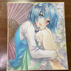  1girl :p aqua_hair aqua_vest blue_eyes commentary dated green_skirt heterochromia highres knees_to_chest long_sleeves looking_at_viewer mosho oil-paper_umbrella red_eyes shikishi shirt short_hair sitting skirt solo tatara_kogasa tongue tongue_out touhou traditional_media umbrella untranslatable_commentary vest white_shirt 