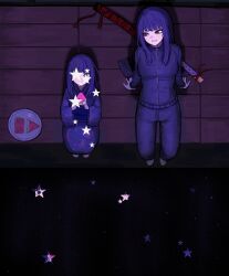  2girls absurdres araya_(project_moon) black_hair black_track_suit chunja eating food from_above fruit full_body highres holepunch_cutout_trend japanese_clothes kimono limbus_company long_hair looking_at_another looking_up mother_and_child mother_and_daughter multicolored_hair multiple_girls parent_and_child project_moon red_eyes ryoshu_(project_moon) sitting streaked_hair sword sword_on_back track_suit watermelon weapon weapon_on_back 