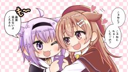  2girls :3 ahoge animal_collar animal_ears black_collar black_hairband bone_hair_ornament brown_capelet brown_eyes brown_hair capelet cat_ears cat_girl checkered_background collar commentary_request dog_ears dog_girl fang fangs hair_ornament hairband hat heart highres holding holding_phone hololive inugami_korone matsubara_tsuyoshi multiple_girls nekomata_okayu one_eye_closed phone purple_hair red_hat skin_fangs sweatdrop translation_request violet_eyes virtual_youtuber 