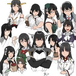  6+girls :o absurdres adjusting_eyewear black_hair blue_eyes bow bowtie brown_gloves brown_hair character_request claw_pose closed_mouth collared_shirt commentary_request cropped_torso crossed_arms curtained_hair danjou detached_sleeves from_side glasses gloves grey_eyes hair_between_eyes hair_ornament hairband haruna_(kancolle) headgear highres holding japanese_clothes kantai_collection kimono layered_clothes long_hair long_sleeves looking_at_viewer multiple_girls ooyodo_(kancolle) open_mouth pink_eyes pointy_ears red_bow red_bowtie red_shirt shirt short_sleeves sidelocks signature simple_background single_glove sleeveless smile straight-on strapless tube_top white_background white_gloves white_shirt wide_sleeves yellow_eyes 