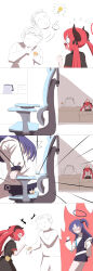  1boy 2girls absurdres angry bare_legs black_halo black_horns black_shirt black_skirt black_suit blue_archive blue_necktie box chair chinese_commentary commentary_request crying doodle_sensei_(blue_archive) halo highres horns incredibly_absurdres jacket jinrou_mangfu junko_(blue_archive) kettle long_hair mechanical_halo multiple_girls necktie open_mouth pleated_skirt purple_hair red_hair red_halo sensei_(blue_archive) shirt short_twintails simple_background skirt suit twintails white_background white_jacket white_shirt yuuka_(blue_archive) 