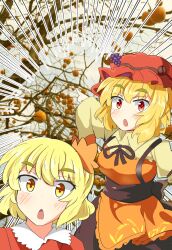  aki_minoriko aki_shizuha apron autumn_leaves blonde_hair blue_eyes breasts commentary_request food food-themed_hair_ornament frilled_hat frills fruit grape_hair_ornament hair_ornament hat highres leaf leaf_hair_ornament looking_at_viewer medium_breasts medium_hair open_mouth orange_(fruit) orange_apron orange_tree red_hat schinfaxi1996 touhou yellow_eyes 