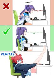  2girls ahoge barefoot black_halo black_jacket blue_archive blue_eyes chair checkmark computer computer_keyboard double_bun hair_bun halo highres hood hood_down hooded_jacket jacket leg_up long_hair maki_(blue_archive) miniskirt monitor multiple_girls office_chair on_chair ossa_2019 pleated_skirt red_hair short_hair sitting skirt slouching swivel_chair table two_side_up typing violet_eyes white_jacket white_skirt x_(symbol) yuuka_(blue_archive) 