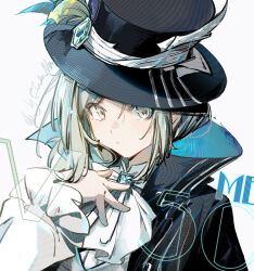  ascot black_cape black_hat boater_hat cape grey_eyes grey_hair hair_bun hand_on_own_chest hand_up hat jacknavy looking_at_viewer official_alternate_costume reverse:1999 shirt single_side_bun vertin_(reverse:1999) white_ascot white_background white_shirt 