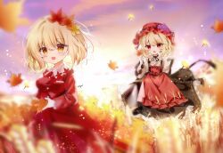  2girls absurdres aki_minoriko aki_shizuha apron autumn_leaves black_ribbon blonde_hair chinese_commentary choker commentary_request falling_leaves fruit_hat_ornament ginkgo_leaf grape_hat_ornament hair_ornament hat highres holding holding_leaf leaf leaf_hair_ornament long_sleeves looking_at_viewer maple_leaf mob_cap multiple_girls nya_(pixiv_100585577) open_mouth outdoors red_apron red_eyes red_hat red_shirt red_skirt ribbon ribbon_choker shirt siblings sisters skirt smile touhou wheat yellow_shirt 