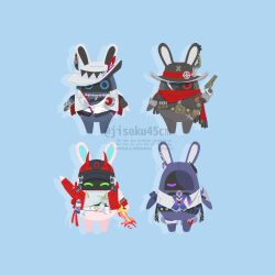  4others ^_^ acheron_(honkai:_star_rail) animal_ears armor ashveil_(honkai:_star_rail) badge bangboo_(zenless_zone_zero) baseball_cap belt blue_background boothill_(honkai:_star_rail) bottle closed_eyes coattails commentary_request cowboy_hat cropped_jacket earrings fake_horns fedora full_body galaxy_rangers_(honkai:_star_rail) gun hat hat_ornament highres holding holding_gun holding_weapon honkai:_star_rail honkai_(series) horns jacket jewelry jisoku45cm lapel_pin multiple_others necklace open_clothes open_jacket rabbit_ears rappa_(honkai:_star_rail) red_scarf scarf shirt shoulder_armor single_earring spray_bottle tailcoat tattoo watermark weapon zenless_zone_zero 