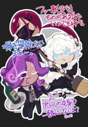  1boy 2girls absurdres alcohol aybr_13 berry_yogurt_cookie black_border black_dress black_jacket black_pants blue_eyes border bottle broom butler commentary_request cookie_run cookie_run:_crumble crossdressing crossdressing_(ftm) crossdressing_(mtf) cup curtained_hair dark_cherry_cookie dress drinking_glass female_butler grapevine_cookie highres holding holding_broom holding_cup holding_tray jacket long_sleeves maid male_maid multiple_girls open_clothes open_jacket open_mouth outline outside_border pants purple_hair red_hair translation_request tray white_hair white_outline wine wine_bottle wine_glass 