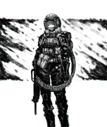  11e10 1girl abstract_background absurdres altyn_helmet ammunition_backpack ammunition_belt ammunition_pouch armored_collar black_gloves border bulletproof_vest combat_helmet facing_viewer gloves gun helmet highres holding holding_gun holding_weapon knee_pads letterboxed load-bearing_equipment machine_gun medium_hair military_uniform monochrome number_print original pouch print_armor soldier solo solo_focus standing weapon white_border white_hair 
